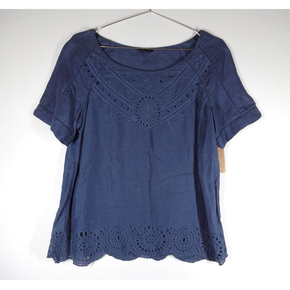 Ann Taylor Linen Blouse‎ Small Blue Eyelet Embroidered Scalloped Boho Summer